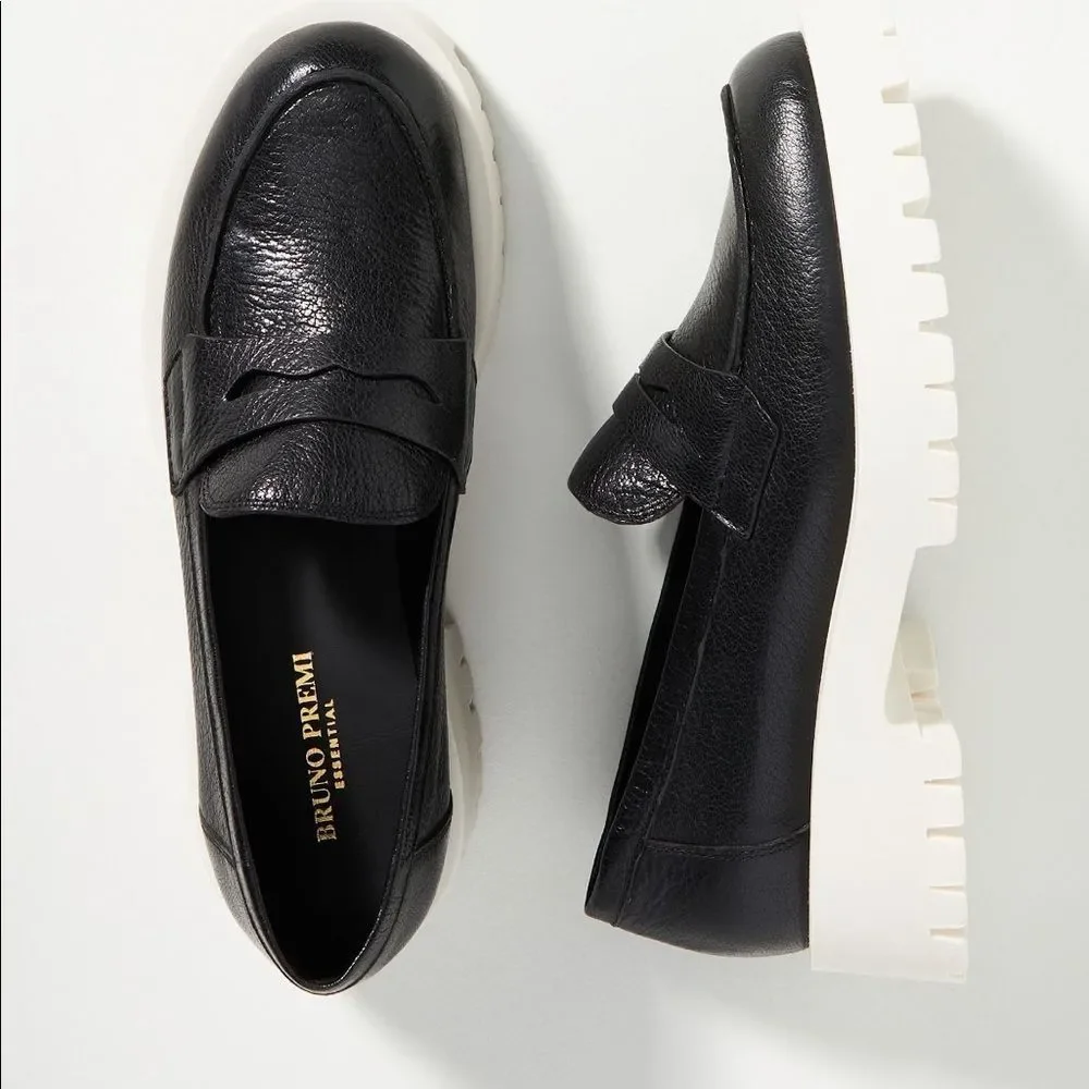 Anthropologie Bruno Premi Italian Leather Loafers Black Lug Sole EU 40 US 9 NEW